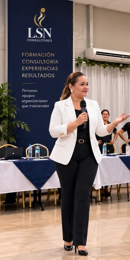 Lesly Nolasco, fundadora de LSN Consultores, presentando ante un grupo de participantes